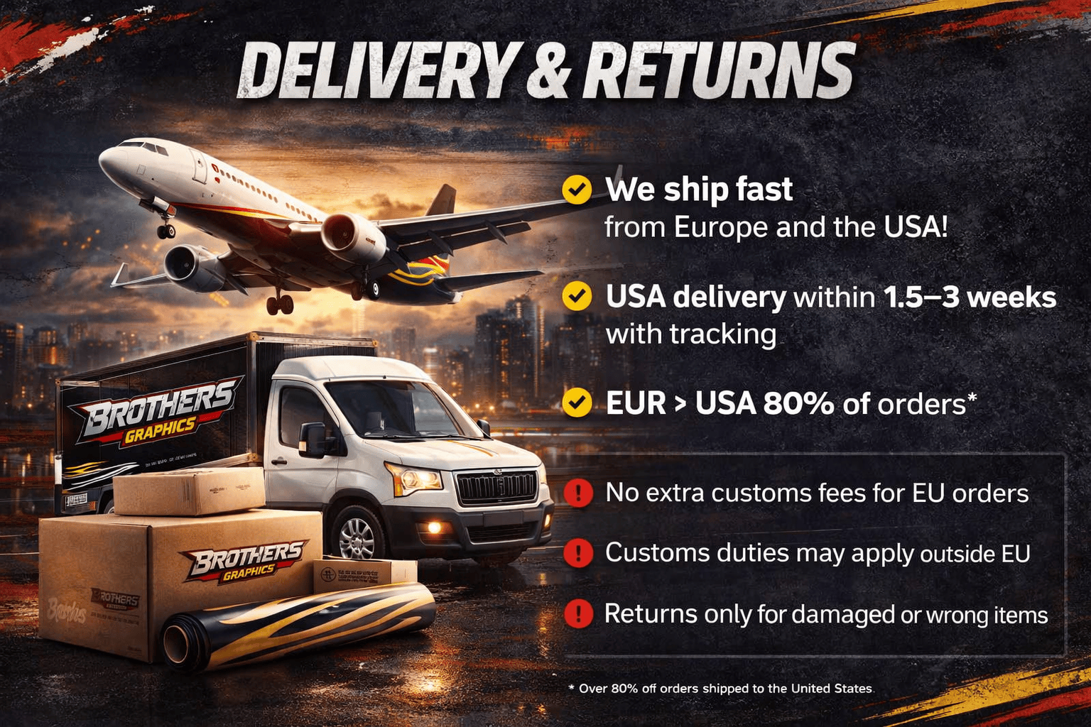 Advertisement for delivery and return services with an airplane, truck, and boxes on a dark background.